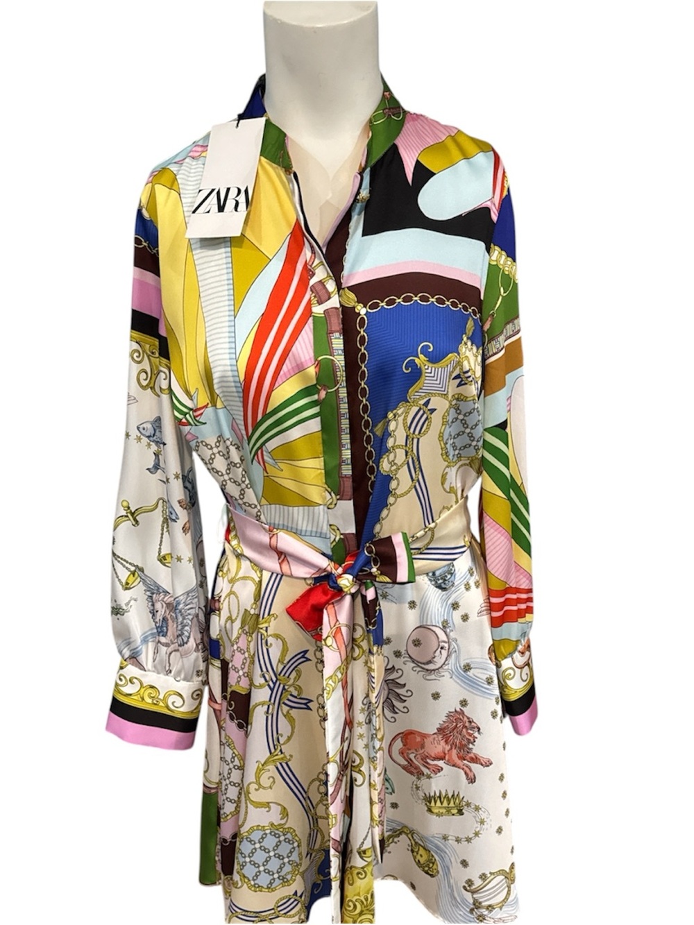 NWT Zara Chain Scarf Print Shirt Mini Dress Satin Zodiac Viral Size Small